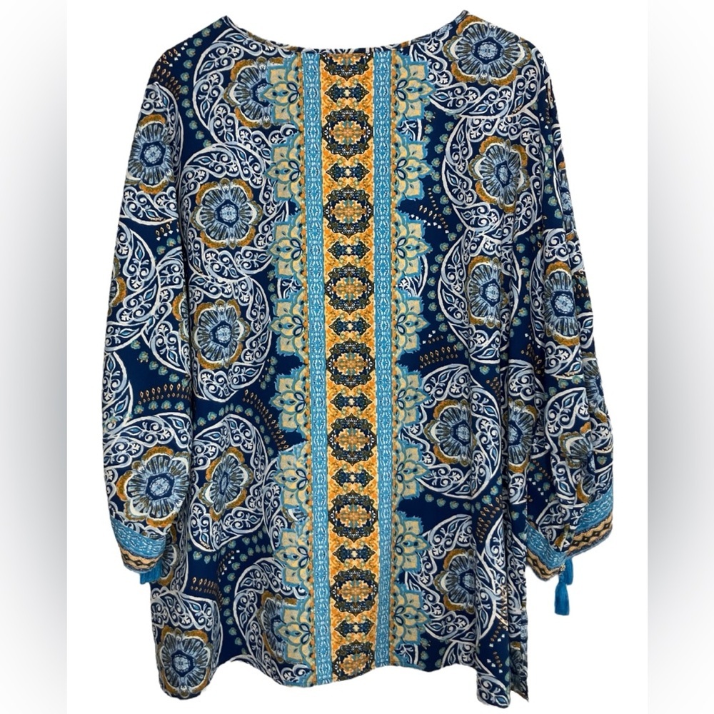 Belle by Kim Gravel Medallion Ruched-Sleeve Blouse Boho Artsy Popover Blue 2X - Picture 7 of 7